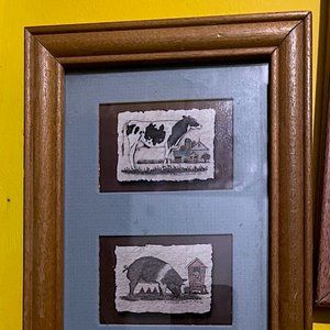 COW PIG SHEEP THREE IN ONE PRINT WITH BLUE BORDER IN WOOD FRAME